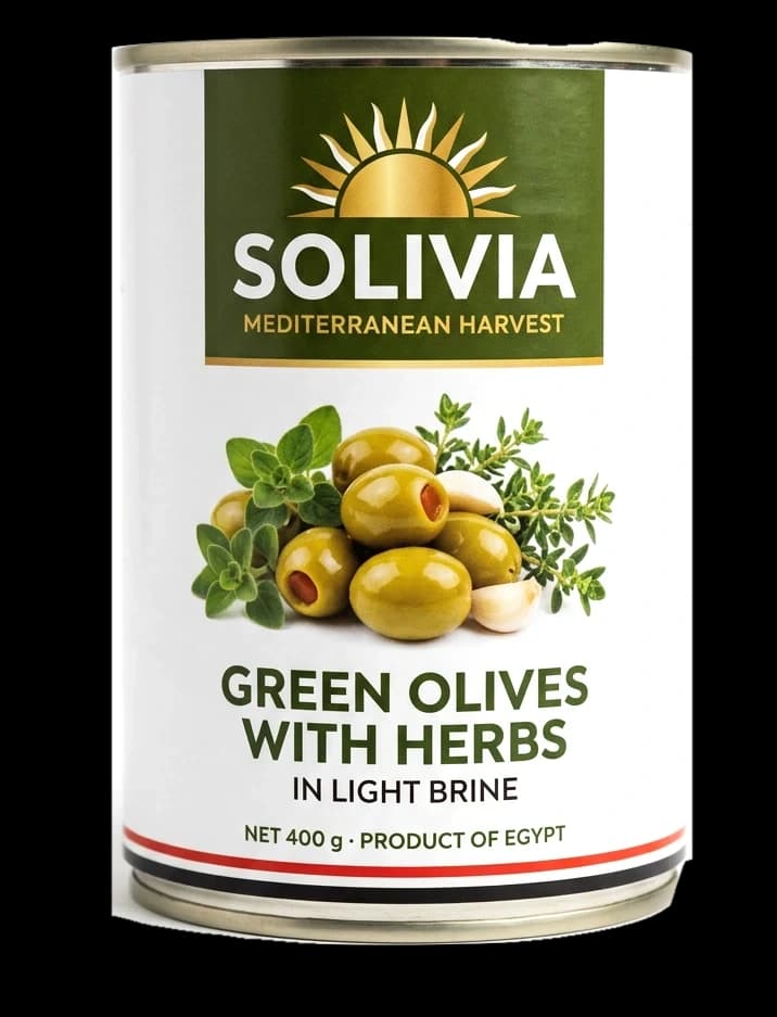SOLIVIA Green Olives with Herbs can, olive green label